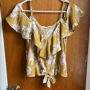 Floral Ruffle Off-The-Shoulder Tie-Front Top - Mustard
